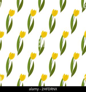 Motivo floreale con tulipani gialli. Illustrazione vettoriale isolata su sfondo bianco. Illustrazione Vettoriale