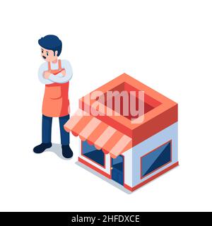 Flst 3D Isometric Business Owner in piedi di fronte al suo negozio. Concetto di piccola impresa e PMI. Illustrazione Vettoriale