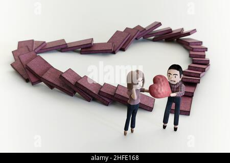 3d illustrazione. Uomo che implora una donna per amore dando un grande cuore su Dominoes in cuore forma sfondo . Foto Stock