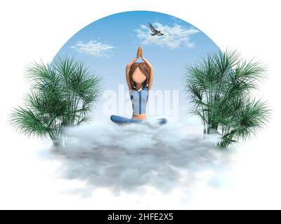 Una donna felice sta facendo gli esercizi di yoga seduti su una nuvola tra le palme tropicali. 3D rendering. Foto Stock