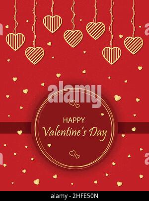 Carta regalo del giorno di San Valentino, nastro, etichetta, disegno del cuore dei monili dorati appesi, sfere dorate e disegno dei cuori. Vettore modificabile al 100%. Illustrazione Vettoriale