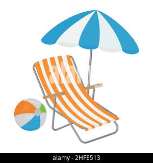 Poltrona a righe con ombrellone e pallone gonfiabile da spiaggia, illustrazione vettoriale a colori in stile cartoon. Illustrazione Vettoriale