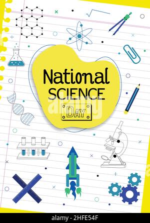 Poster di festa nazionale della scienza con illustrazioni scientifiche carine di molecole, razzo, microscopio Illustrazione Vettoriale