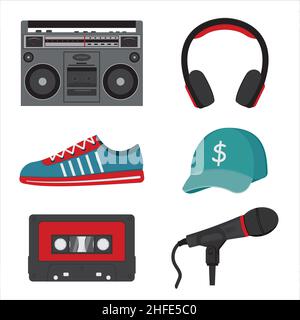 set musicale per hip hop, illustrazione vettoriale in stile cartoon isolato. Illustrazione Vettoriale