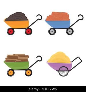 Set di Wheelbarrow con vari materiali mattone, fieno, legna da ardere e terra, vettore isolato illustrazione. Illustrazione Vettoriale