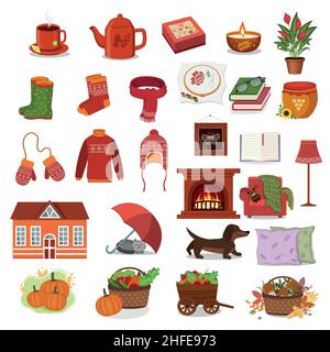 Grande autunno con elementi di autunno, comfort e calore, disegno vettoriale a colori in stile cartone animato. Illustrazione Vettoriale