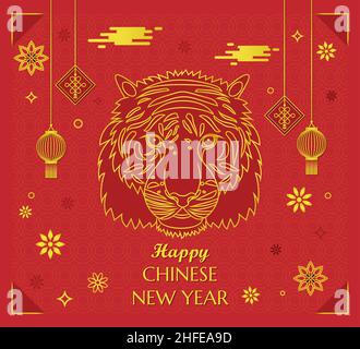 Happy Chinese Capodanno Tiger Poster Wallpaper tradizionale cinese dorato sfondo rosso cornice saluto con lanterne e nuvole Illustrazione Vettoriale