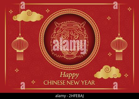 Happy Chinese Capodanno Tiger Poster Wallpaper tradizionale cinese dorato sfondo rosso cornice saluto con lanterne e nuvole Illustrazione Vettoriale