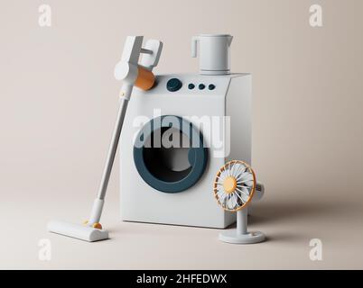 Semplice lavatrice, ventilatore, aspirapolvere senza fili e bollitore per l'uso domestico sul pavimento 3D. Oggetto isolato in background. Foto Stock