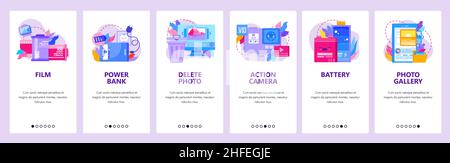 Pellicola fotografica, fotocamera. Batteria, Action camera, elimina foto, galleria. Schermate di inserimento delle app mobili. Modello di banner vettoriale per il sito Web e. Illustrazione Vettoriale