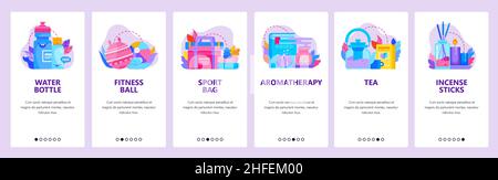 SPA e salone di aroma. Stile di vita sano, aromaterapia, bastoncini di incenso, bottiglia d'acqua. Schermate di inserimento delle app mobili. Modello di banner vettoriale per il sito Web Illustrazione Vettoriale