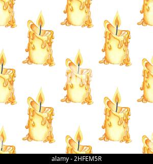 Acquerello illustrazione modello che brucia candela gialla. Stampa confortevole e ripetitiva senza cuciture. Celebrazione, sfondo biglietto di auguri. Isolato su backgro bianco Foto Stock
