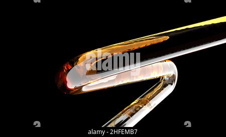 Flusso del tubo di lass del gin liquido giallo Ricerca medica laboratorio di ricerca scientifica 3D render Foto Stock