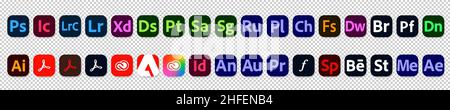 Icone dei programmi Adobe impostate. Photoshop, Illustrator, lightroom, indesign. Prodotti Adobe logo collezione illustrazione vettoriale Illustrazione Vettoriale