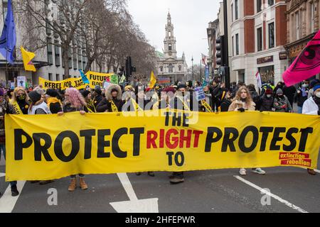 LONDRA, REGNO UNITO. 15th Jan 2022. Uccidi la protesta di Bill a Londra questa settimana, come la Camera dei Lord ascolterà la lettura finale della polizia, crimine, condanna e tribunale Bill Credit: Lucy North/Alamy Live News Foto Stock