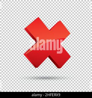3D elementi di segno trasversale su sfondo trasparente selezionato. Contrassegna il disegno grafico. Pulsante per il voto, la decisione, il web. Simbolo di errore, controllo, errato e arresto, Illustrazione Vettoriale
