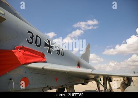 Mihail Kogalniceanu, Romania - 2 luglio 2021: Aereo da caccia tedesco Eurofighter Typhoon in mostra durante un esercizio di polizia aerea. Foto Stock