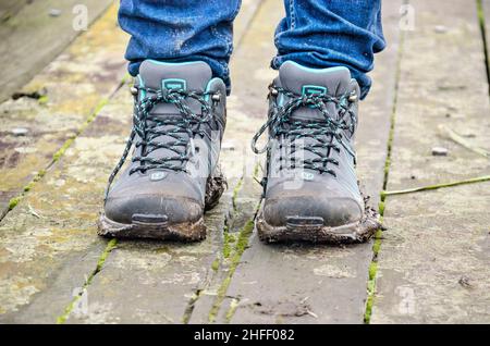 Oudewater, Paesi Bassi. 6 dicembre 2020: Scarpe da trekking fangose indossate da un escursionista su una superficie di ponte in legno intemperie come parte del sentiero Tiendweg Foto Stock