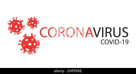 virus corona, infezione da coronavirus. virus 2019-noc. Virus corona microbe logo, focolaio Covid-19 segno con cellule virali in rosso sul backgro bianco Illustrazione Vettoriale