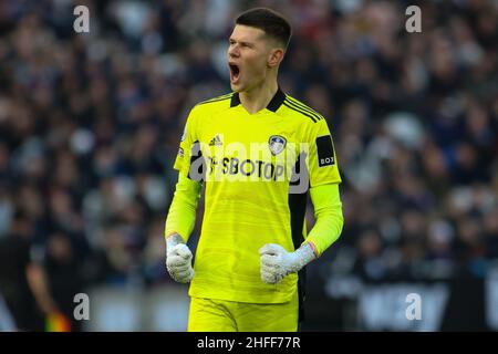 LONDRA, UK JAN 16th Leeds United Goalkeeper Illan Meslier celebra il primo gol del Leeds United durante la partita della Premier League tra West Ham United e Leeds United al London Stadium di Stratford domenica 16th gennaio 2022. (Credit: Michael driver | MI News) Credit: MI News & Sport /Alamy Live News Foto Stock