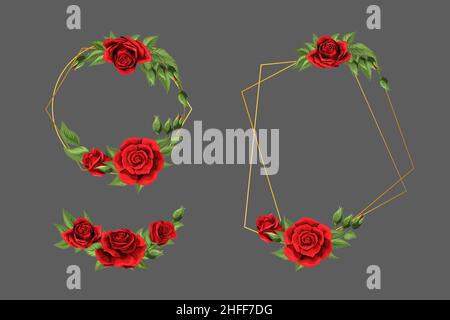 Nozze scheda invtation modello di disegno. Red rose fiori con cornice dorata Illustrazione Vettoriale