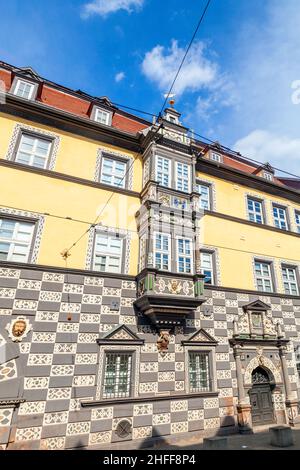 balcone di casa rinascimentale a Erfurt chiamato 'Haus zum Stockfisch' sede Museo Municipale (Stadtmuseum Erfurt); Germania Foto Stock