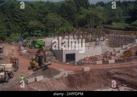 Costruzione dell'area di corsa e della stazione delle nuove montagne russe ad Alton Towers The Wicker Man Foto Stock