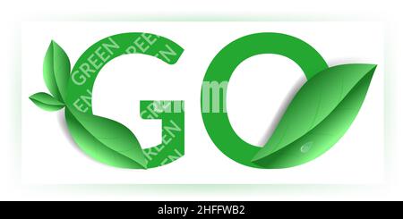 Logo verde. Concetto ambientale. Lettere con foglie. Diventa verde. Illustrazione vettoriale realistica. Giornata mondiale dell'ambiente. Foglie verdi. Ecologia ba Illustrazione Vettoriale