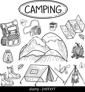 Una serie di elementi disegnati a mano in stile doodle. Turismo locale. Montagne, tenda, falò, zaino, macchina fotografica, Ecc. iscrizione disegnata a mano. Immagine vettoriale di ca Illustrazione Vettoriale