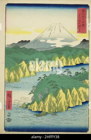 Lago di Hakone (Hakone no kosui), dalla serie "trentasei viste del Monte Fuji (Fuji sanjurokkei)", 1858. Foto Stock