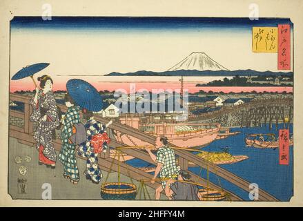 Nihon Bridge to Edo Bridge (Nihonbashi Edobashi), dalla serie "luoghi famosi in Edo (Edo meisho)", 1853. Foto Stock