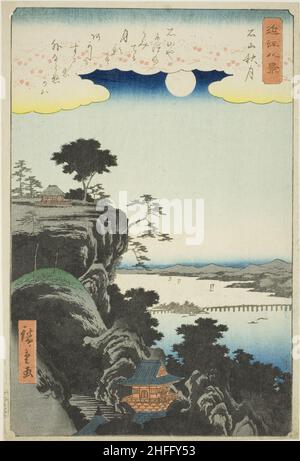 Autunno Luna sopra il Tempio di Ishiyama (Ishiyama shugetsu), dalla serie "Eight views of Omi (Omi hakkei)", 1857. Foto Stock