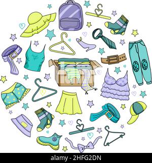 Illustrazione disegnata a mano di vestiti donate, carità, concetto di cura. Doodle sketch elementi di abbigliamento, donation box per logotipo, banner, icone des Illustrazione Vettoriale