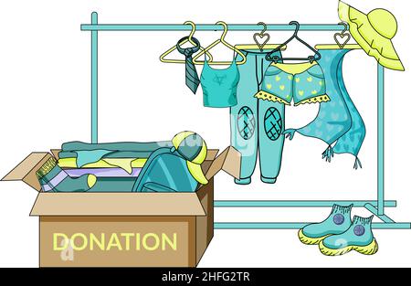 Illustrazione del vettore piatto della donazione di abiti usati. Abbigliamento economico e gratuito. Scatola di vestiti. Seconda mano, le merci dal mercato delle pulci. Pantaloni, pantaloncini, cravatta, sca Illustrazione Vettoriale