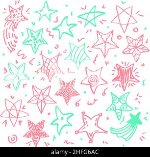 Un set di stelle colorate e carine. Oggetti di forme, dimensioni e motivi diversi. Elementi disegnati a mano. Vettore stile Doodle. Illustrazione Vettoriale