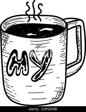 Tazza a forma di scarabocchio disegnata a mano. Illustrazione per il turismo locale. Tazza di ferro con una scritta carina My , utensili da campeggio. Camping o escursioni elemento vettore iso Illustrazione Vettoriale