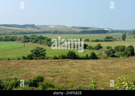 Veduta aerea della pianura e delle colline di gesso bianco del Voronezh Belogorie Foto Stock