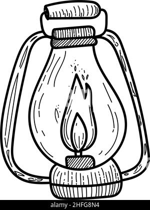 Lanterna da campeggio disegnata a mano. Lampada Kerasin. Fuoco. Stoppino. Concetto di viaggio. Disegno vettoriale. Elementi di design in stile Doodle. Linea art. Illustrazione Vettoriale
