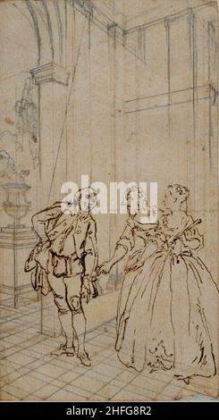 Illustrazione letteraria con Gentleman e due Ladies in Interior, n.d. Foto Stock