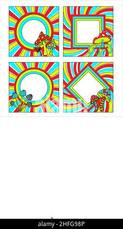 Arcobaleno neon acid colori cornici set 70s psichedelico stile hippie. Cornice vintage con funghi 1970s Groove. Illustrazione vettoriale Illustrazione Vettoriale