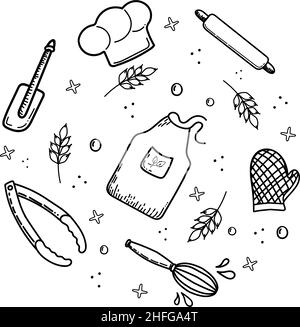 Stile di schizzo Doodle. Un set di elementi da cucina disegnati a mano disposti in cerchio. Cappellino dello chef, grembiule, muffa da forno, spilla, spatola e pinze isolate Illustrazione Vettoriale