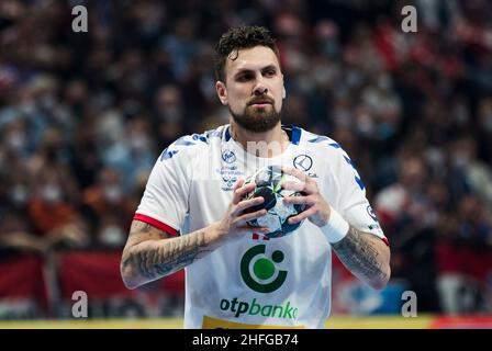 Szeged, Ungheria, 15th gennaio 2022. Bogdan Radivojevic della Serbia compete durante la partita EHF European Championship Men 2022 tra Croazia e Serbia a Szeged, Ungheria. Gennaio 15, 2022. Credit: Nikola Krstic/Alamy Foto Stock