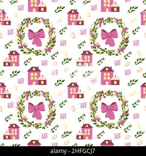 Ripetizione senza giunture vettoriale a molla. Corona di Pasqua con case carine, ramoscelli di alberi, archi, uova di Pasqua. Molla. Pasqua. Vettoriale in stile piatto. Illustrazione Vettoriale
