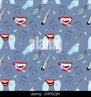 Divertente vettore senza cuciture modello di cartoon denti sani controllo denti al dentista, spazzolini, filo interdentale, dentifricio. Illustrazione Vettoriale