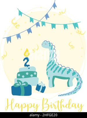 Cartolina con dinosauro carino, regali, torta con una candela, bandiere di festa, dolci. Buon secondo compleanno. Modello di biglietto d'auguri con personaggi simpatici. VEC Illustrazione Vettoriale