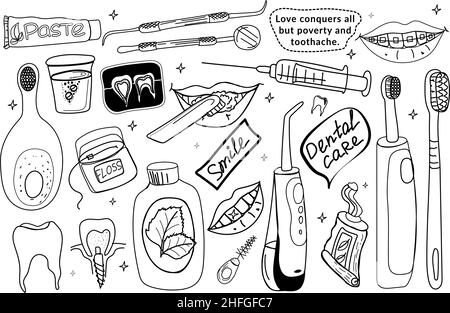 Kit per la cura dei denti. Vettore stile Doodle. Spazzolini da denti, spazzole, filo interdentale e pastiglie per la pulizia dei denti. Irrigatore per denti. Sorridi con bretelle e labbra Illustrazione Vettoriale