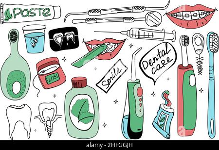 Kit per la cura dei denti. Vettore stile Doodle. Spazzolini da denti, spazzole, filo interdentale e pastiglie per la pulizia dei denti. Irrigatore per denti. Sorridi con bretelle e labbra Illustrazione Vettoriale