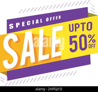 vendita banner geometrico -50 con colori giallo viola offerta speciale banner di vendita. Illustrazione Vettoriale