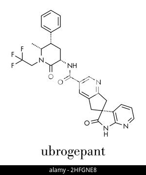 Ubrogepant emicrania molecola di farmaco (CGRP antagonista del recettore). Formula di scheletro. Illustrazione Vettoriale