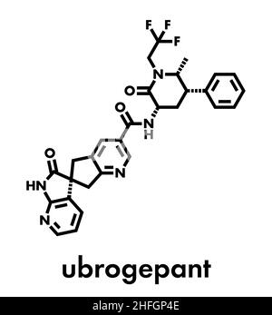 Ubrogepant emicrania molecola di farmaco (CGRP antagonista del recettore). Formula di scheletro. Illustrazione Vettoriale